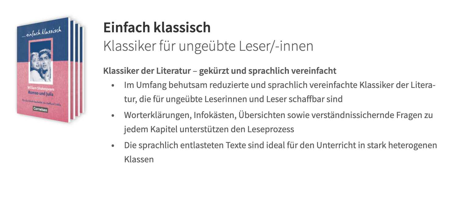 Gestapelte Bücher mit Titel "Einfach klassisch" links, rechts Überschrift und drei Stichpunkte zu vereinfachten Klassikern